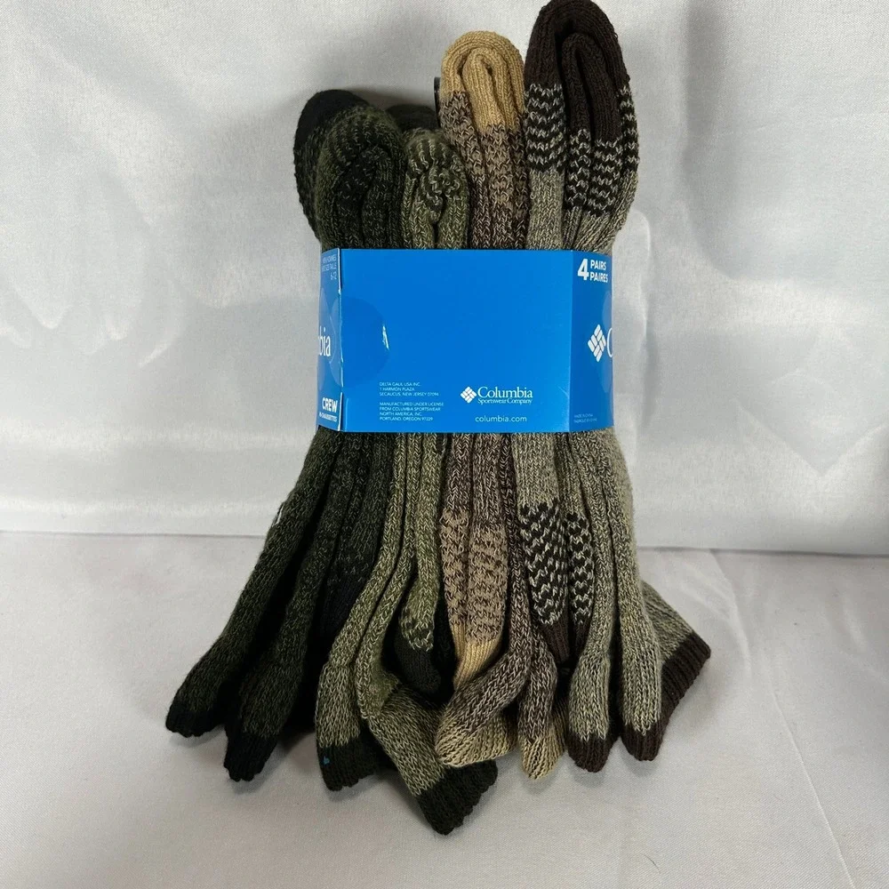 Columbia Mens Crew Socks 4 Pairs Green Tan Brown Reinforced Heel Toe Size 6-12